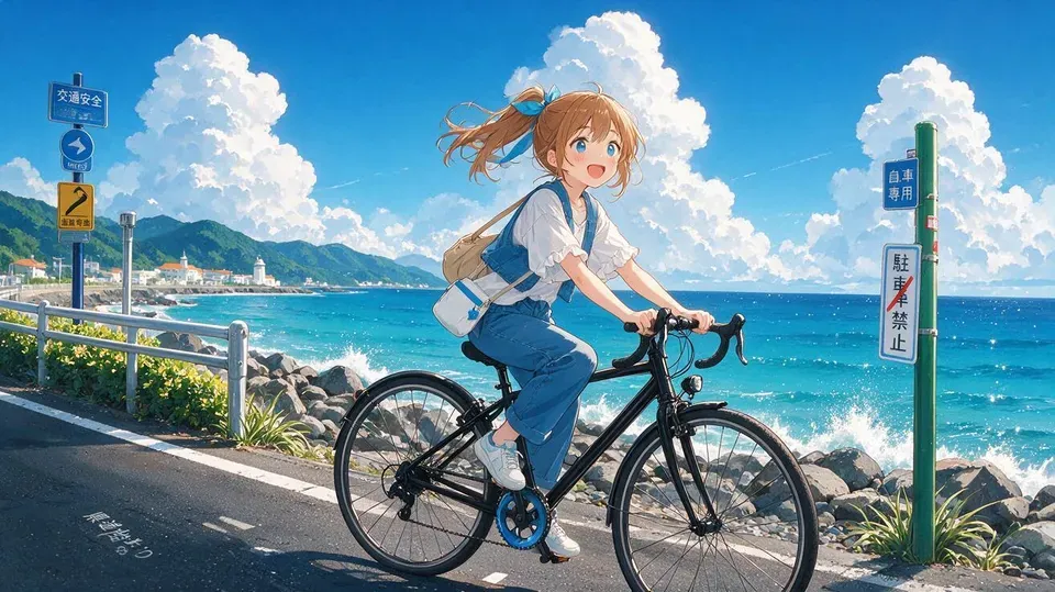 AIイラスト判定のテストに使ったアニメ風のAIイラスト：海沿いの道を自転車で走る少女（Seedream 5.0 Proで生成）