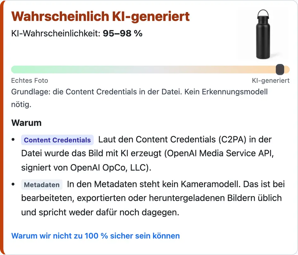 KI-Bild erkennen: Beispielergebnis „Wahrscheinlich KI-generiert“ mit 95–98 % und den Gründen aus den Content Credentials